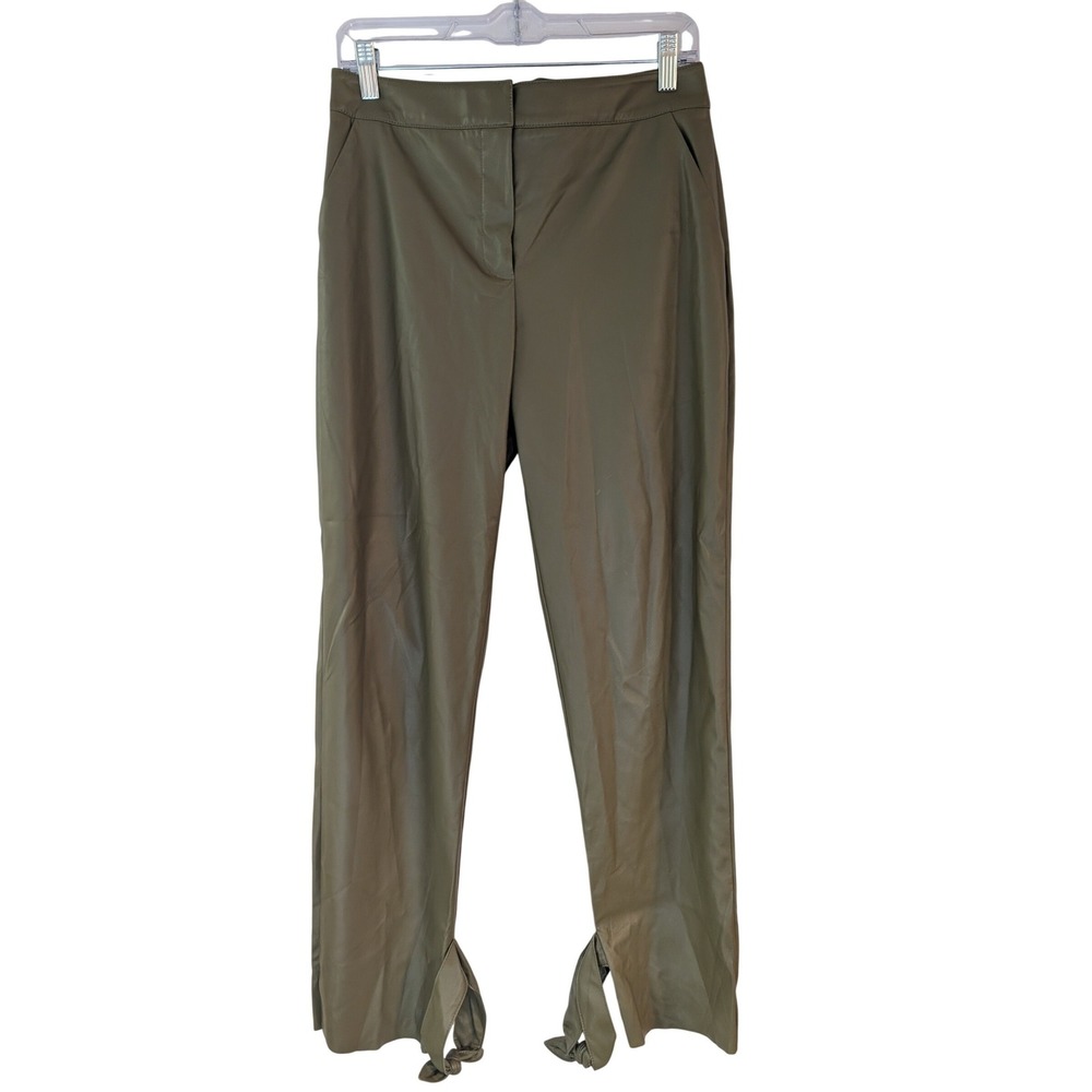 Trina Turk Faux Leather Pants‎ Womens 4 Olive Green Tie Hem Split Ankle Straight